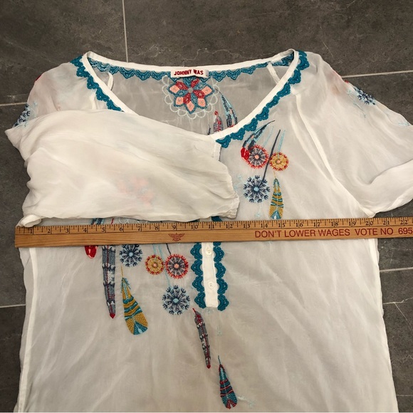 Johnny Was white sheer embroidered blouse button dream catcher dandelion feather - Picture 6 of 10